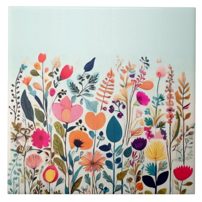 Joyful Wild Flowers - Colourful Floral Flower Ceramic Tile (Front)