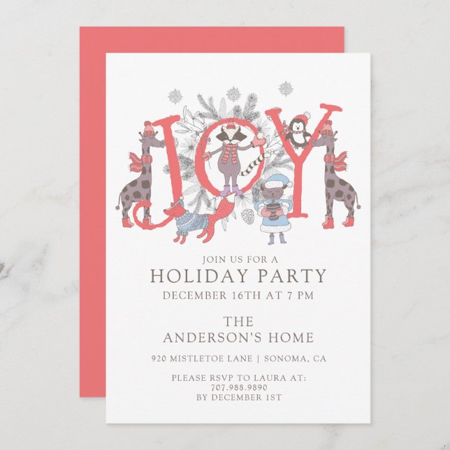 Joyful Winter Holiday Party With Woodland Animals Invitation (Front/Back)