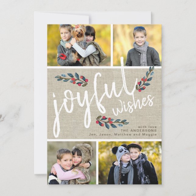 Joyful Wish Beige Linen Christmas 4 Photo Collage Holiday Card (Front)
