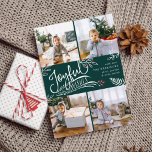 Joyful Wish | Christmas Photo Collage Card<br><div class="desc">Beautiful typography based holiday photo card features four of your favourite square family photos in a collage layout. "Joyful Wishes" appears in the centre in white hand lettered typography on a hunter green background accented with white sketched leaves and red holly berries. Customise with your personal greeting, family names and...</div>