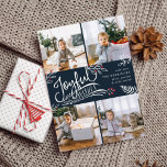 Joyful Wish | Christmas Photo Collage Card<br><div class="desc">Beautiful typography based holiday photo card features four of your favourite square family photos in a collage layout. "Joyful Wishes" appears in the centre in white hand lettered typography on a rich navy blue background accented with white sketched leaves and red holly berries. Customise with your personal greeting, family names...</div>