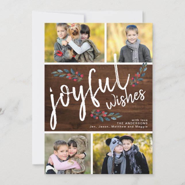 Joyful Wish Dark Wood Christmas 4 Photo Collage Holiday Card (Front)