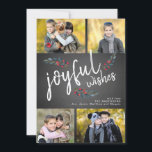 Joyful Wishes Chalkboard Christmas 4 Photo Collage Holiday Card<br><div class="desc">Joyful Wishes White Script and Sketched Watercolor Berries on Black Chalkboard 4 Photo Holiday Card . Design by Elke Clarke © Customize the photo collage with your family photos and name</div>