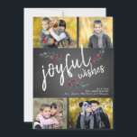 Joyful Wishes Chalkboard Christmas 4 Photo Collage Holiday Card<br><div class="desc">Joyful Wishes White Script and Sketched Watercolor Berries on Black Chalkboard 4 Photo Holiday Card . Design by Elke Clarke © Customize the photo collage with your family photos and name</div>