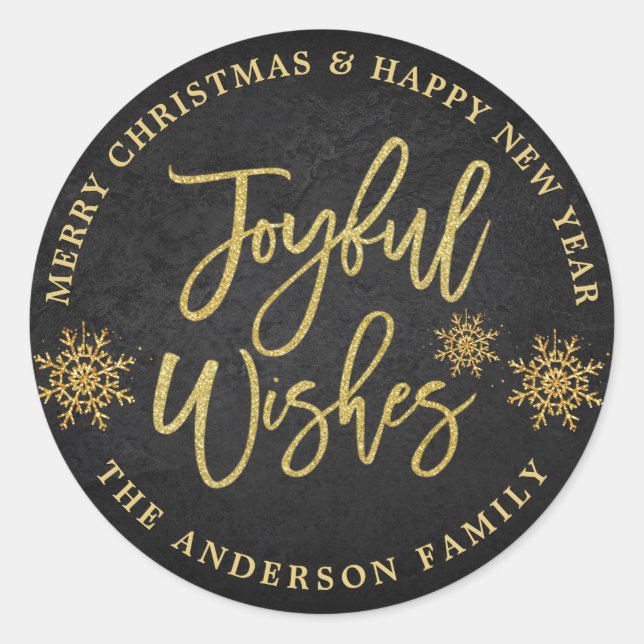 Joyful Wishes Chalkboard & Faux Gold Holiday Classic Round Sticker (Front)