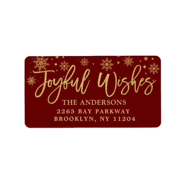 Joyful Wishes Faux Gold & Burgundy Holiday Address Label (Front)