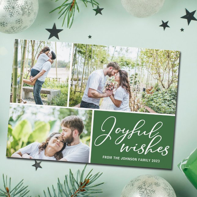 Joyful Wishes Green 3 Photo Christmas Magnet Card (Creator Uploaded)