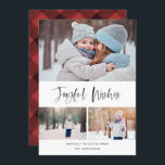 Joyful Wishes Modern Brush Script Photo Christmas Holiday Card<br><div class="desc">This elegant and stylish holiday photo card is sure to spread cheer this year! Featuring a joyful sentiment in brush script with an inky texture that says "Joyful Wishes" Personalise the text on the bottom and the photos with your own. Comes with a classic painted green and black pattern on...</div>