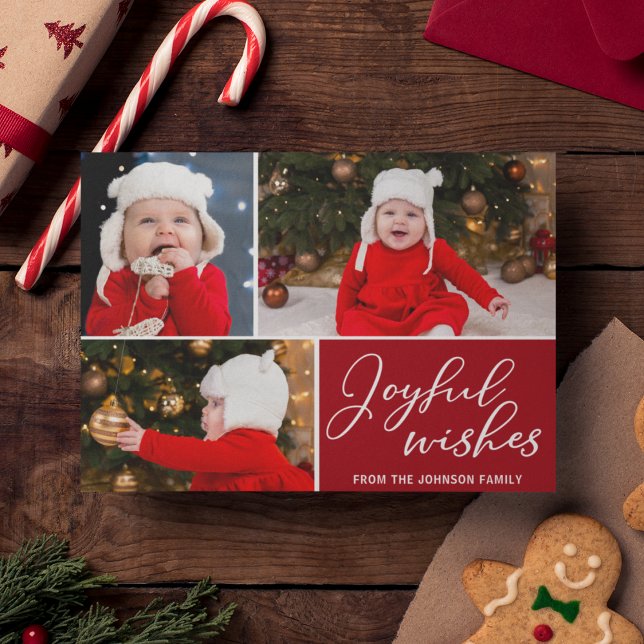 Joyful Wishes Red 3 Family Photo Festive Holiday Postcard (Creator Uploaded)