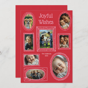 Joyful Wishes Red Doodle Photo Frame Collage Holiday Card