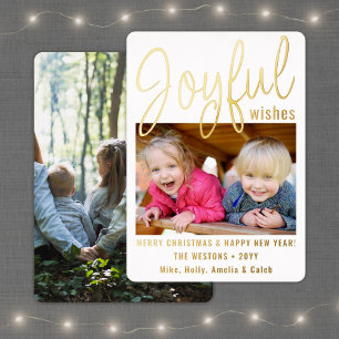Joyful Wishes Script Modern Minimalist 2 Photo Foil Holiday Card