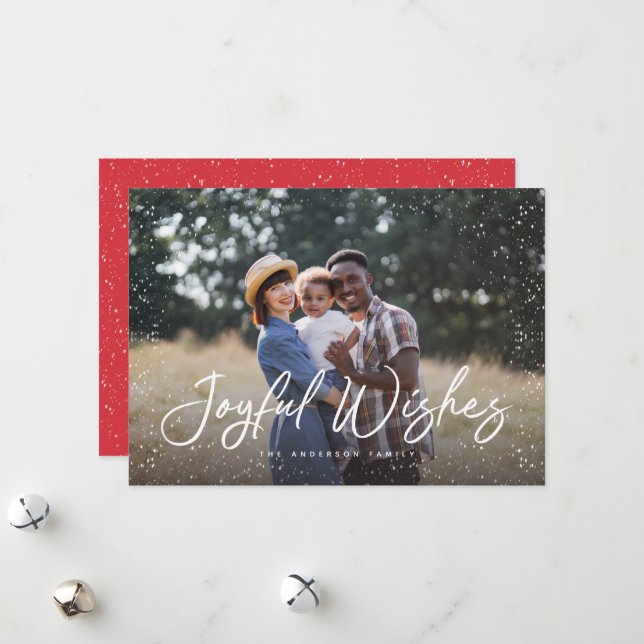 Joyful Wishes Script Snow Photo Christmas Holiday Card (Front/Back In Situ)
