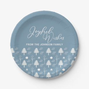 Joyful Wishes Slate Blue Trees Christmas Party Paper Plate