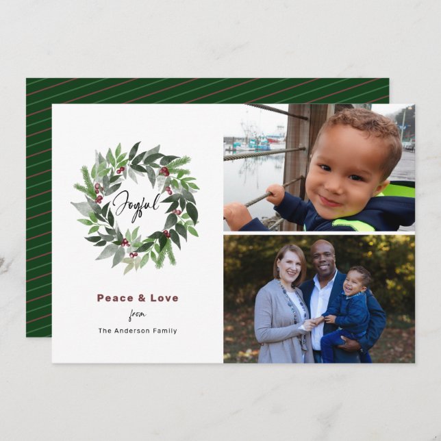 Joyful Wreath Peace & Love 2 Photo Christmas Green Holiday Card (Front/Back)