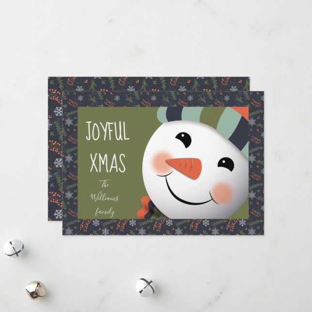 Joyful Xmas Happy Snowman foliage border green Holiday Card (Front/Back In Situ)