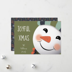 Joyful Xmas Happy Snowman illustration green Holiday Card