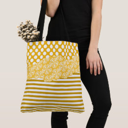 Joyful Yellow Stripes Floral Polka Dot Layered Tote Bag