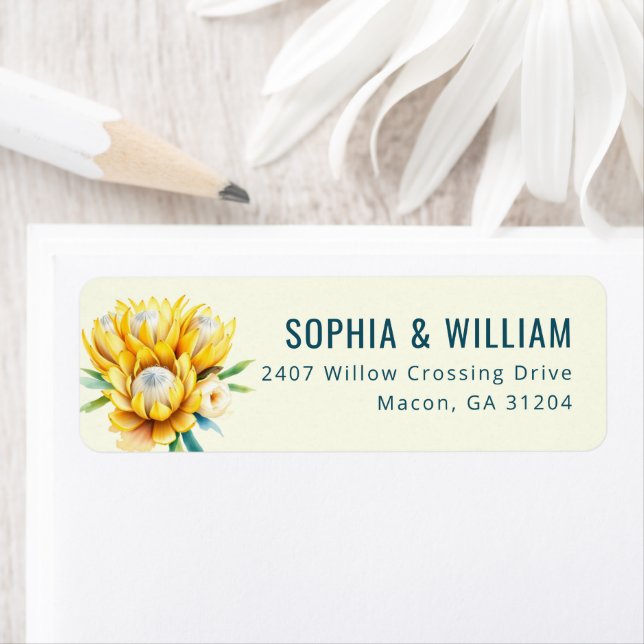 Joyful Yellow Watercolor Protea Return Address Label (Insitu)