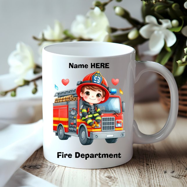 Joyful young firefighter on red truck coffee mug (Creator Uploaded)