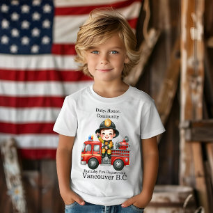 Joyful young firefighter on red truck T-Shirt