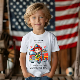Joyful young firefighter on red truck T-Shirt