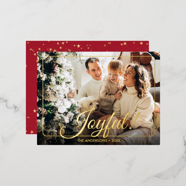Joyful, Your Photo, Name & Message Gold Foil Holiday Postcard (Front/Back)