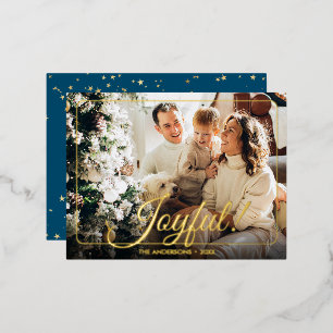Joyful, Your Photo, Name & Message Gold Foil Holiday Postcard
