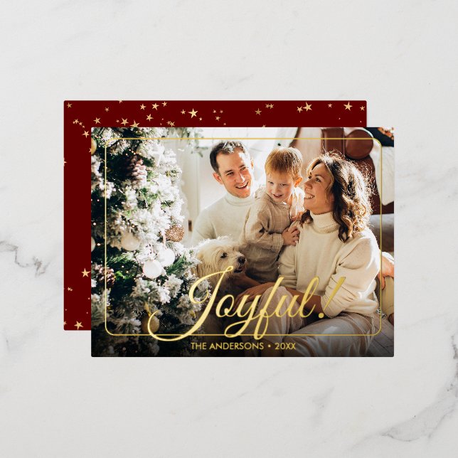 Joyful, Your Photo, Name & Message Gold Foil Holiday Postcard (Front/Back)