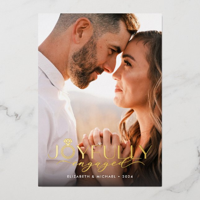 Joyfully Engaged One Photo Engagement Foil Holiday Card (Front)