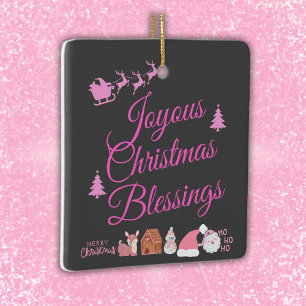 Joyous Christmas Blessings Pink on Charcoal Ceramic Ornament