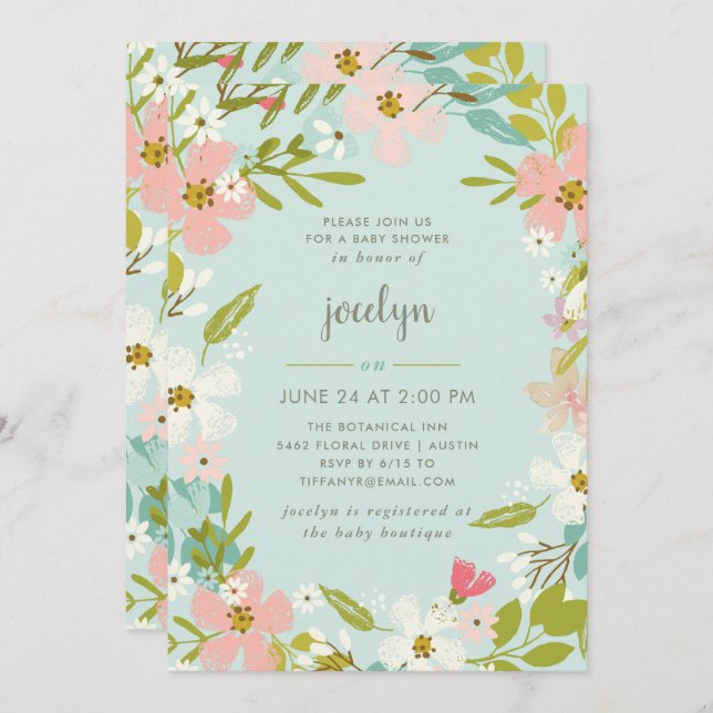 Joyous Floral | Mint Baby Shower Invitation (Front/Back)