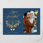 Joyous Hanukkah Festive Menorah Candle Photo Blue Foil Holiday Card<br><div class="desc">Joyous Hanukkah, send your Hanukkah wishes to your family and friends with our beautiful customisable gold foil photo card. Our design features our beautiful hand-drawn menorah candle in gold foil decorated with beautiful festive flowers and leaves. Gold foil doves are also incorporated into this beautiful Hanukkah-inspired design. "Joyous Hanukkah" is...</div>