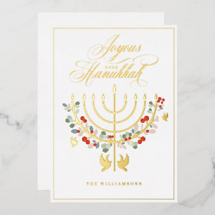 Joyous Hanukkah Festive Menorah Candle Photo Foil Holiday Card