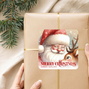 Joyous Personalized Santa and Rudolph Christmas Square Sticker