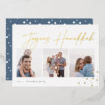 Joyous Sketch | Hanukkah Photo Collage Foil Holiday Card<br><div class="desc">Send Hanukkah greetings to friends and family in chic style with our elegant photo cards. Designed to accommodate three of your favourite photos arranged side by side in a collage format, card features "joyous Hanukkah" in gold foil casual hand sketched script lettering adorned with hand drawn stars at the corners....</div>