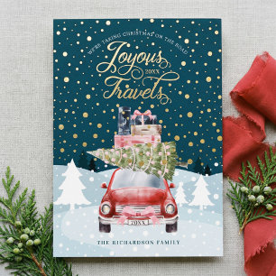 Joyous Travels Road Trip Red Retro Watercolor Foil Holiday Card