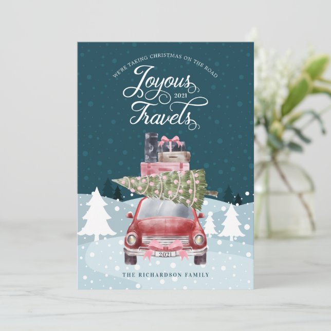 Joyous Travels Road Trip Red Retro Watercolor Holiday Card (Standing Front)
