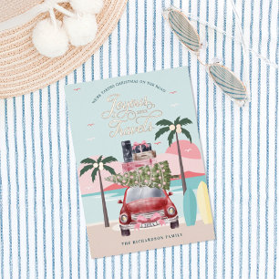 Joyous Travels Tropical Road Trip Pink Retro Car Foil Holiday Card