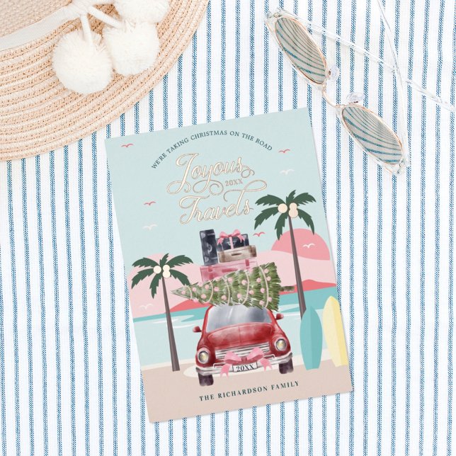 Joyous Travels Tropical Road Trip Red Retro Car Foil Holiday Card (Creator Uploaded)
