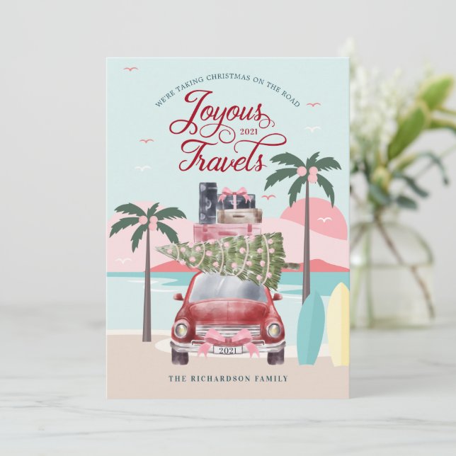 Joyous Travels Tropical Road Trip Red Retro Car Holiday Card (Standing Front)