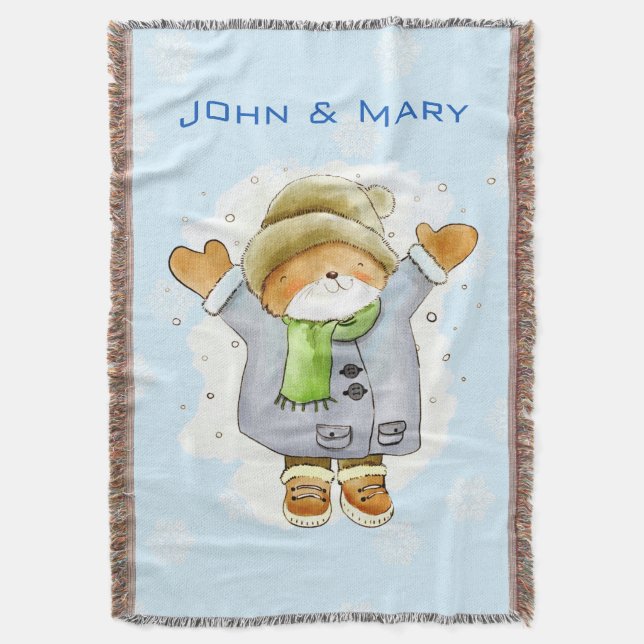 Joyous Winter Cat Throw Blanket (Front Vertical)