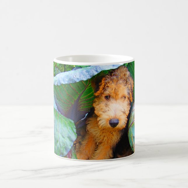 Jubal dog under cabbage leaf--dry brush coffee mug (Center)