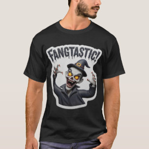 Jubilant cartoon zombie character with fangs and F T-Shirt