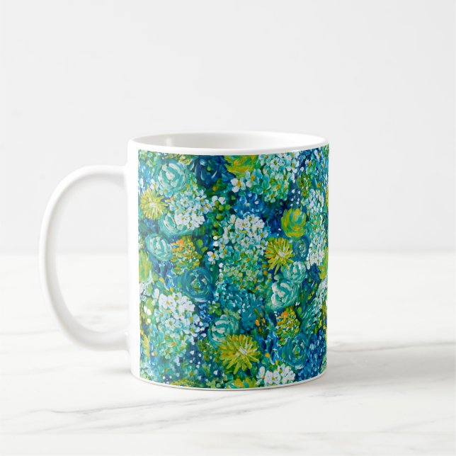 Jubilant Spring Blue & Green Modern Floral Coffee Mug (Left)