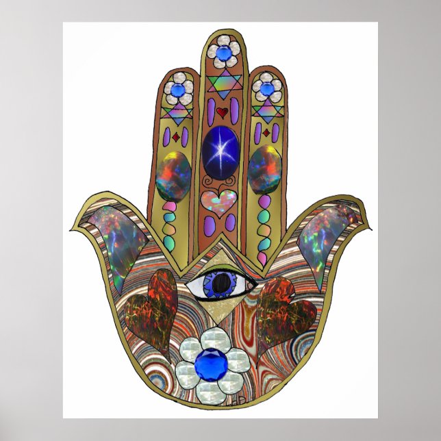 Judaica Hamsa Hearts Flowers Opal Art Print (Front)