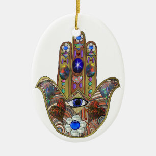 Judaica Hamsa Hearts Flowers Opal Art Print Ceramic Ornament