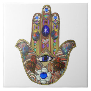 Judaica Hamsa Hearts Flowers Opal Art Print Ceramic Tile