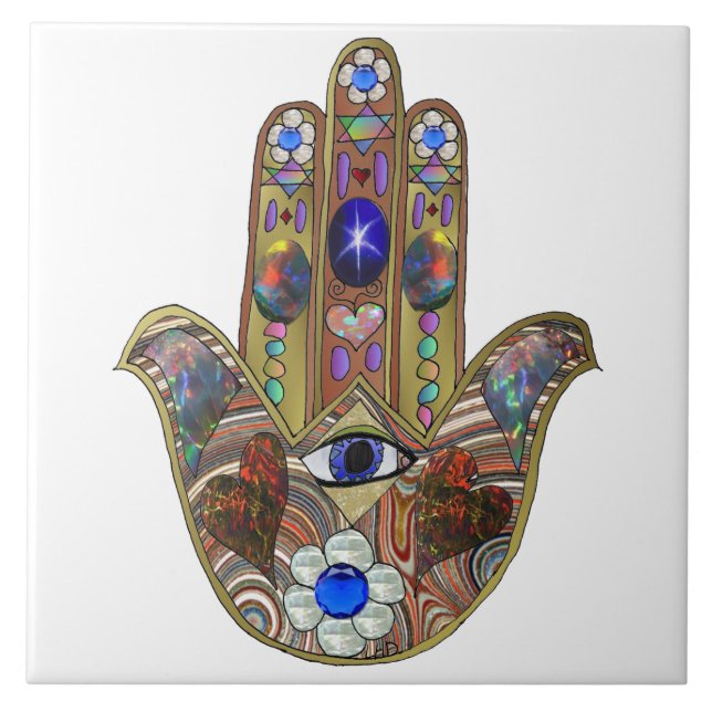 Judaica Hamsa Hearts Flowers Opal Art Print Ceramic Tile (Front)