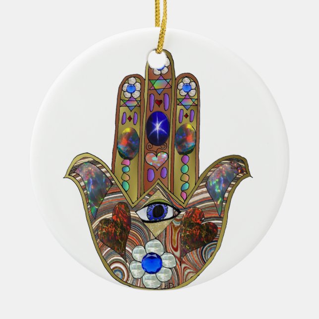 Judaica Hamsa Hearts Flowers Opal Art Print Ceramic Tree Decoration (Front)