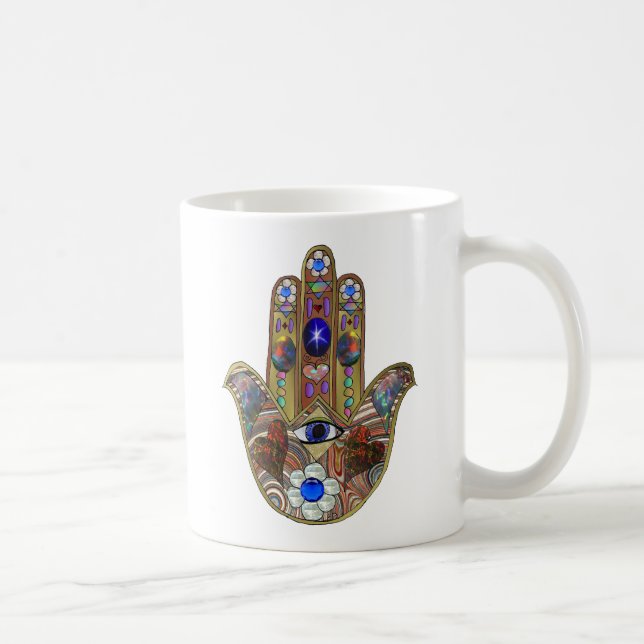 Judaica Hamsa Hearts Flowers Opal Art Print Coffee Mug (Right)